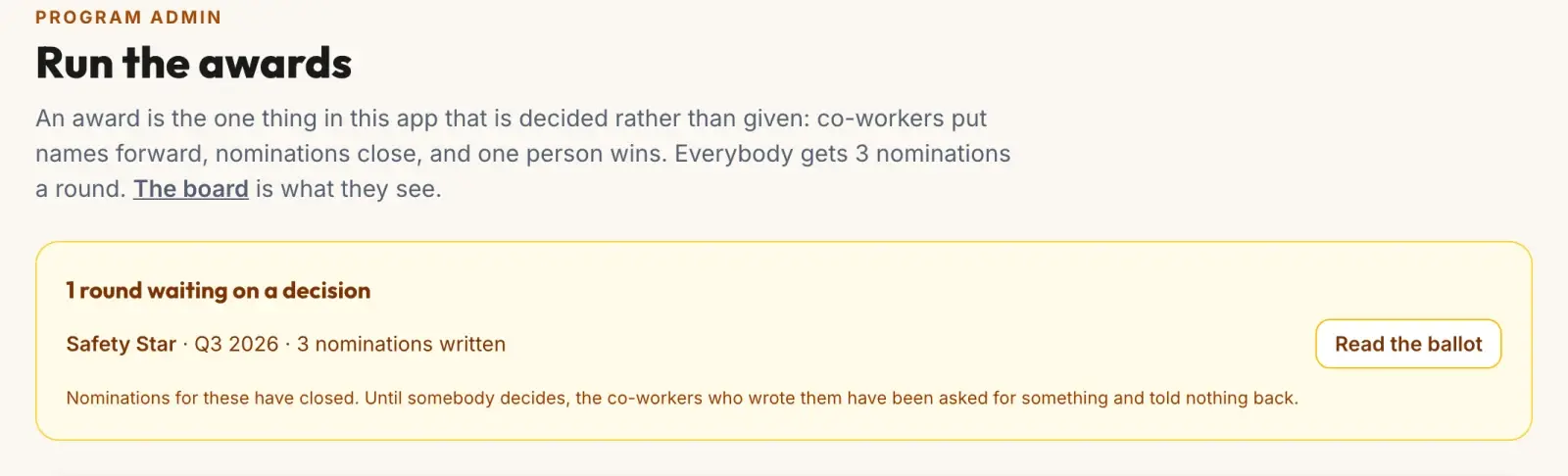 Running the awards as a program admin: an explanation of how a round works, and a Safety Star round whose nominations have closed, waiting on a decision with its ballot.