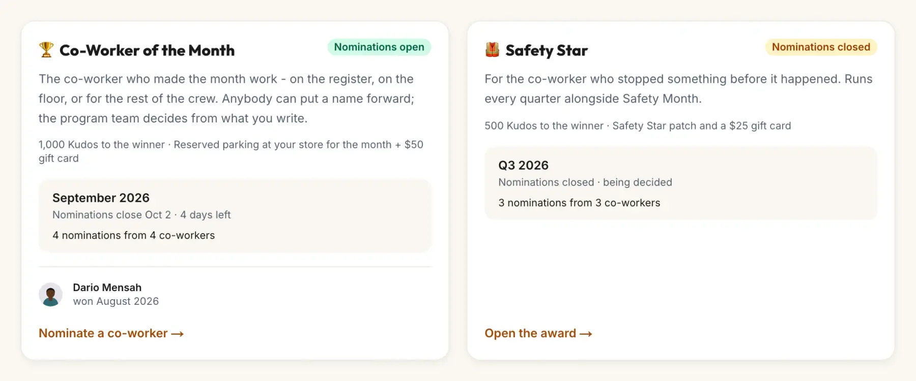 Two awards: Co-Worker of the Month, taking nominations until its deadline with last month’s winner below, and Safety Star, closed and being decided.