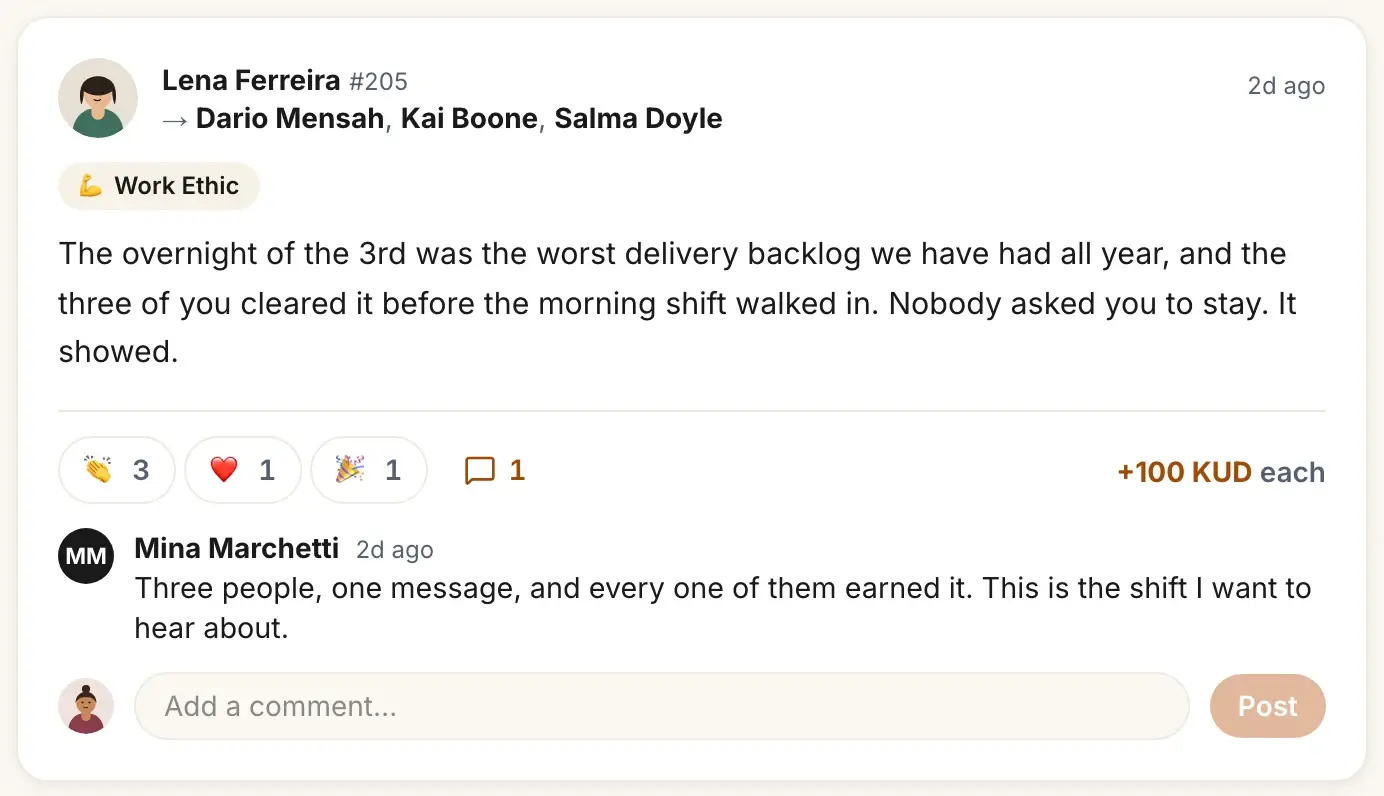 A recognition in the feed from Lena Ferreira to Dario Mensah, Kai Boone and Salma Doyle for Work Ethic, worth 100 Kudos each, with applause, heart and party reactions and a comment from Mina Marchetti.
