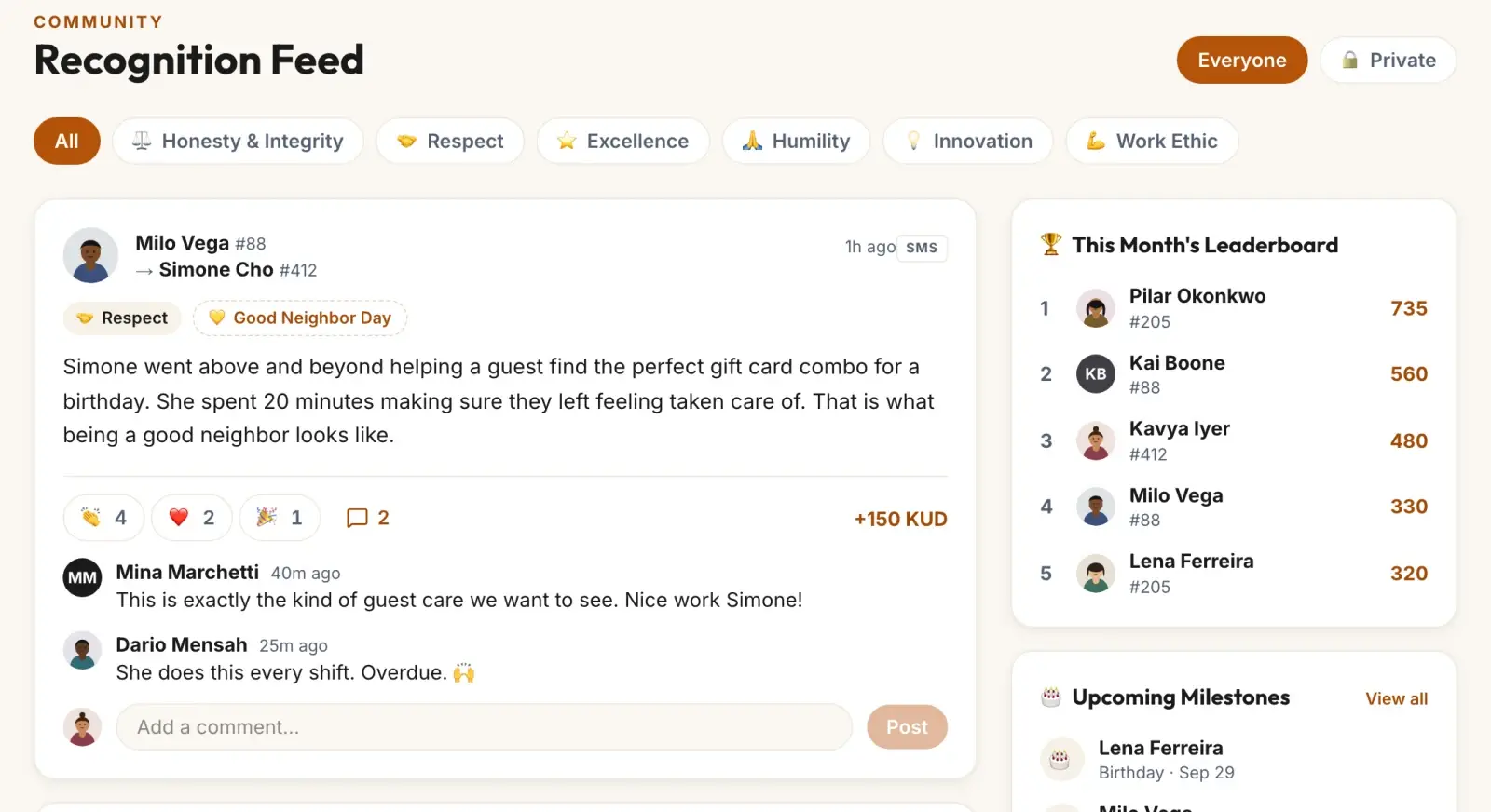 The top of the recognition feed: filters for each core value, the newest recognition with its reactions and two comments, and this month’s leaderboard beside it.