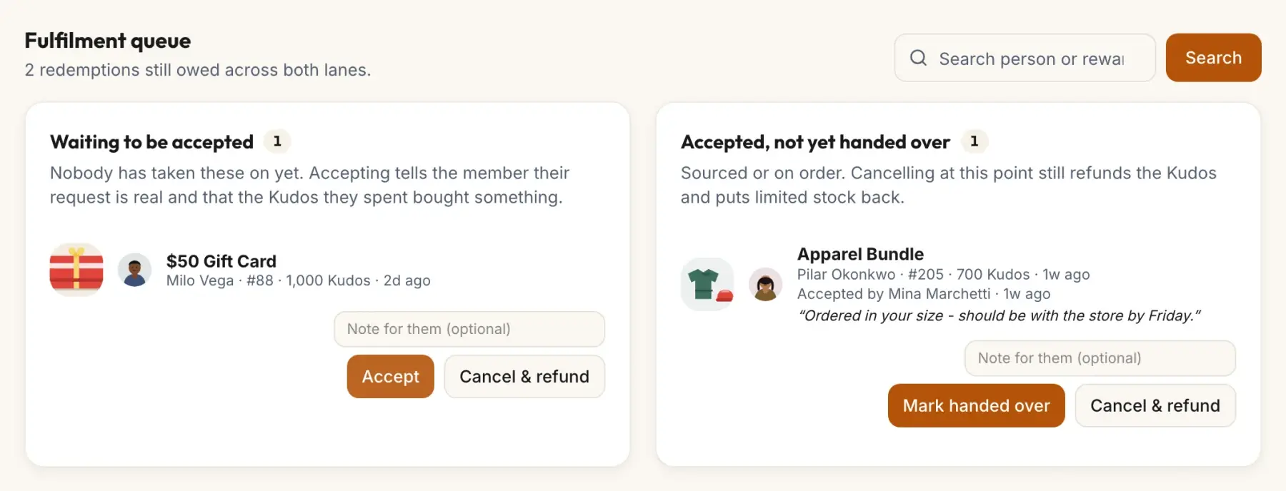 The fulfilment queue on the rewards page: redemptions still owed, split between those waiting to be accepted and those accepted but not yet handed over.