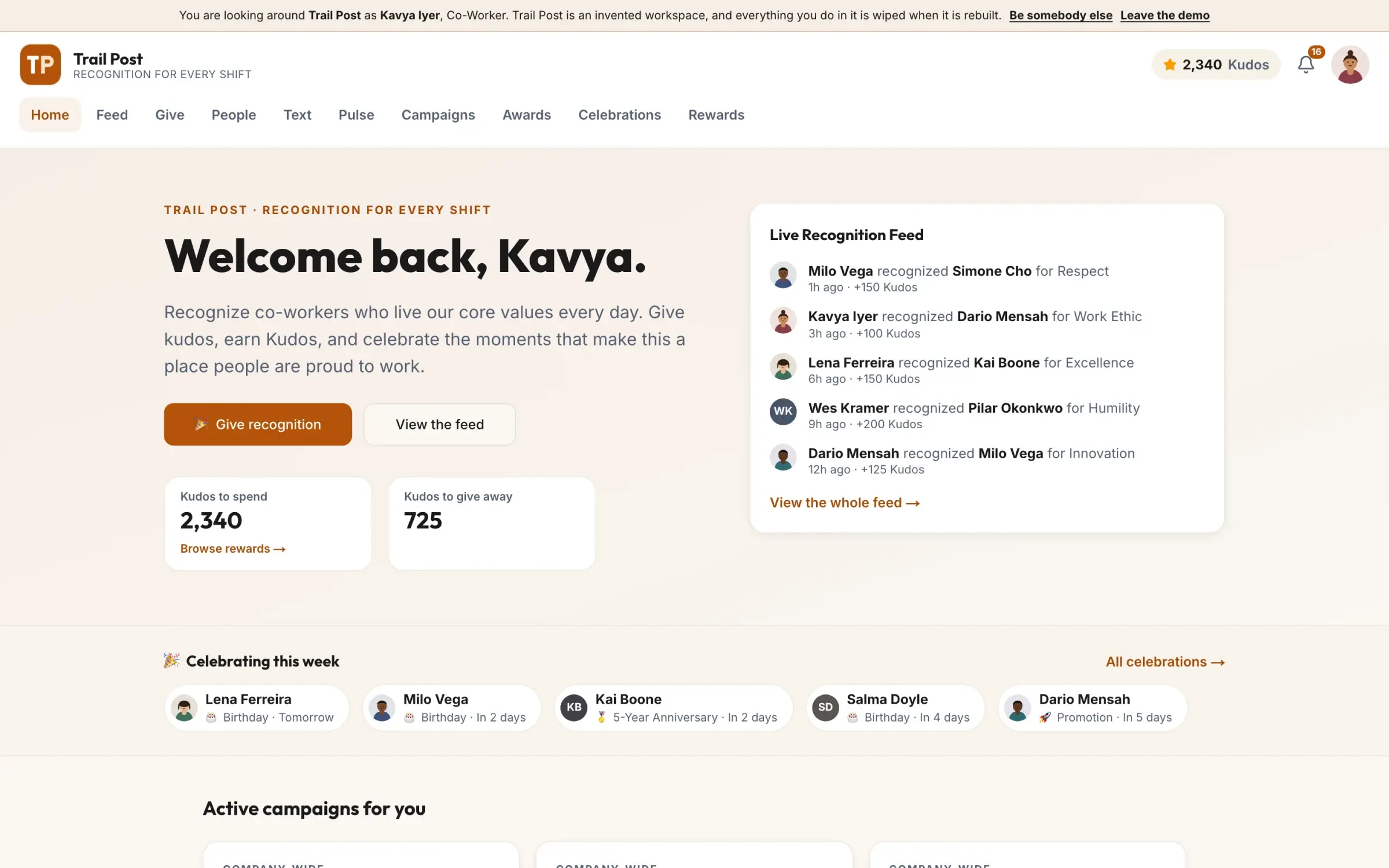 Kavya’s home page in Trail Post: a welcome, her Kudos to spend and to give away, a live recognition feed, the birthdays and anniversaries coming up this week, and the campaigns open to her.