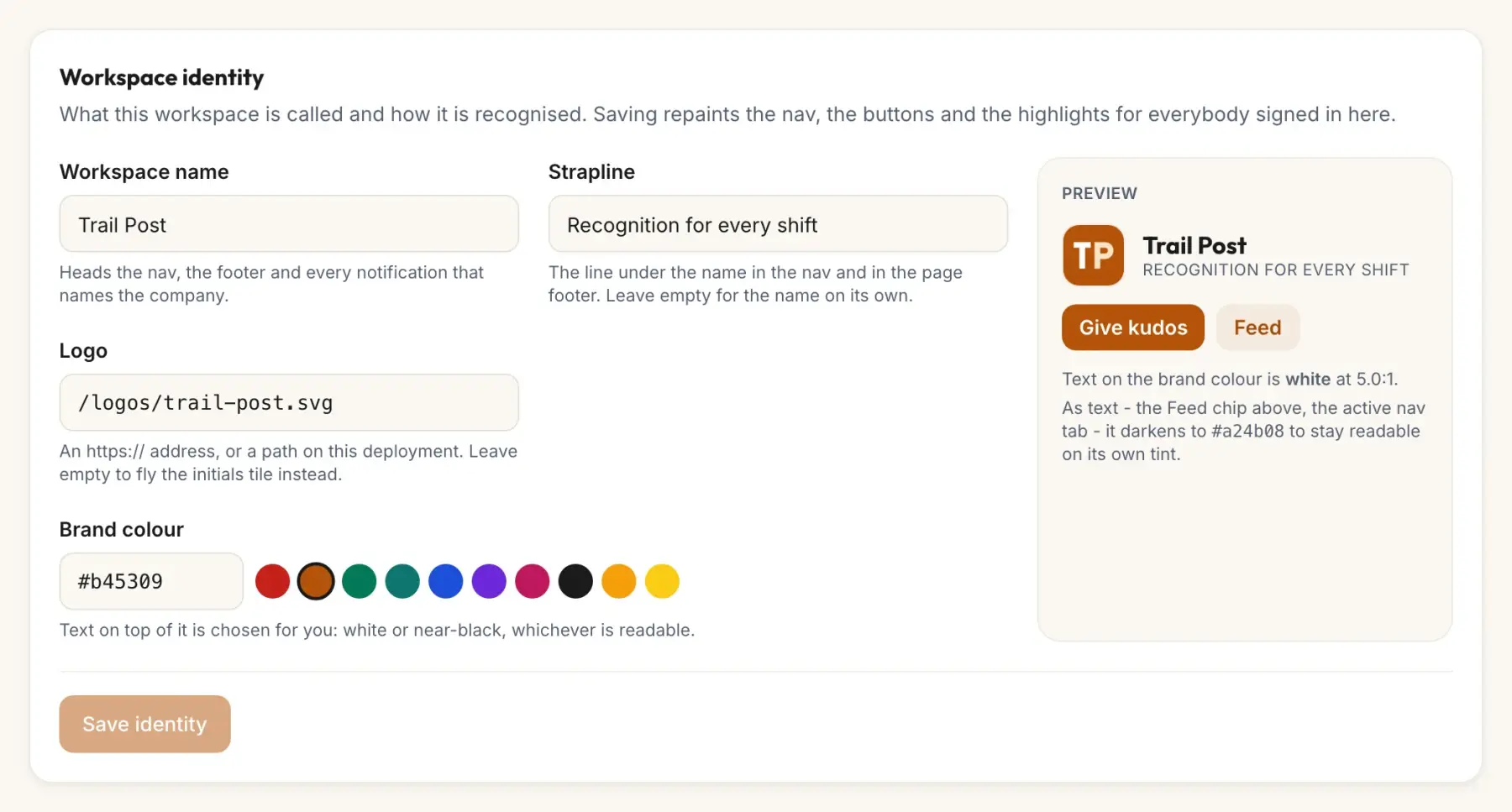 The workspace identity form: the name Trail Post, its strapline, its logo address and its amber brand color, beside a preview of the nav and buttons they paint.