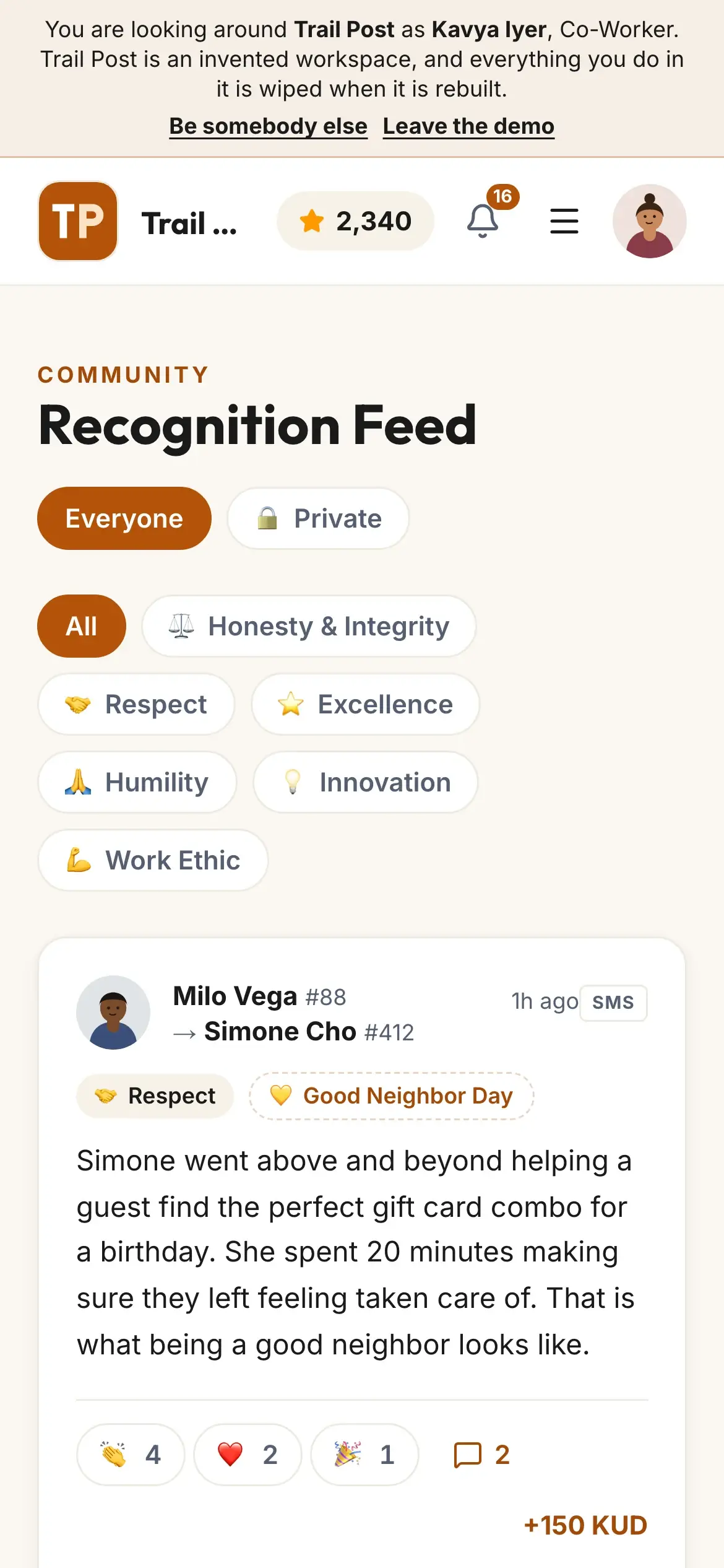 The recognition feed on a phone, with value filters and the most recent recognition card.