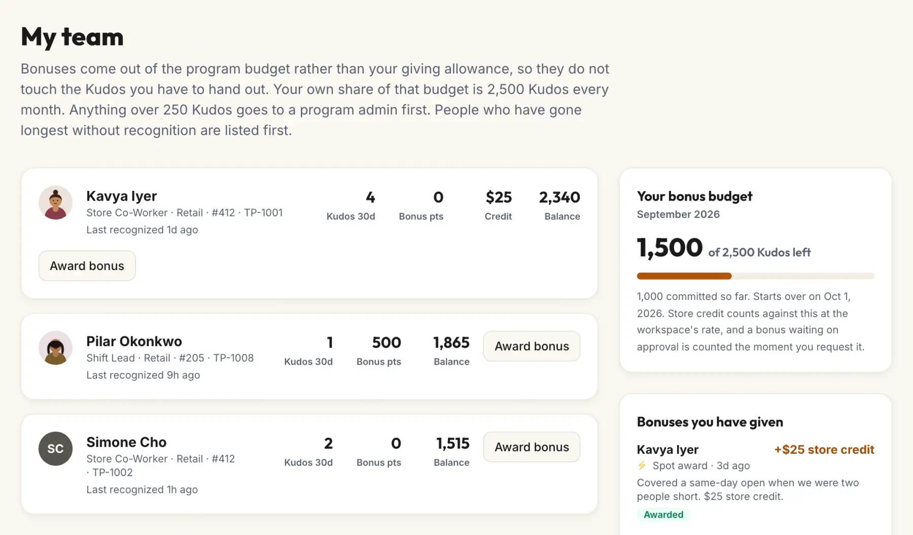 Lena’s team: her people listed with the one recognized longest ago first, each with an award bonus button, beside her monthly bonus budget and the bonuses she has given.