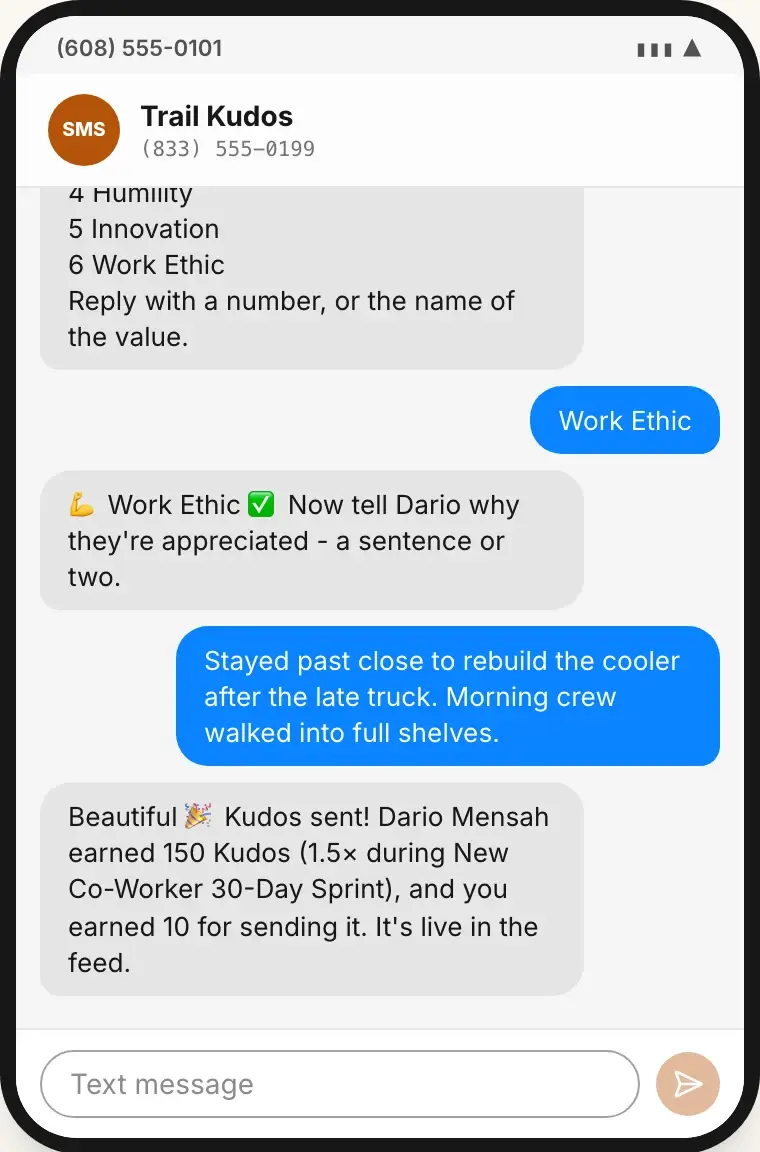 A text conversation with the Trail Post line: it lists the core values by number, asks why Dario is appreciated, receives the reason, and confirms the Kudos were sent and are live in the feed.